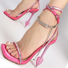 Square Open Toe  Jelly Heart Heels Bling Chain Rhinestones Gladiator Sandals - Rose Flock