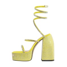 Square Open Toe Chunky Heels Ankle Straps Rhinestones Platforms Summer Party Sandals - Yellow