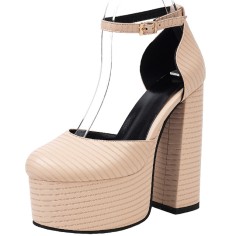 Round Toe Ankle Buckle Straps Chunky Heels Platforms Dorsay Dance Pumps - Apricot