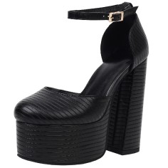 Round Toe Ankle Buckle Straps Chunky Heels Platforms Dorsay Dance Pumps - Black