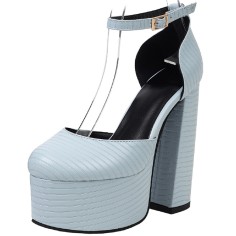 Round Toe Ankle Buckle Straps Chunky Heels Platforms Dorsay Dance Pumps - Blue