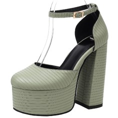 Round Toe Ankle Buckle Straps Chunky Heels Platforms Dorsay Dance Pumps - Green