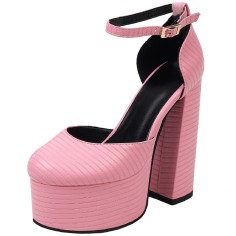 Round Toe Ankle Buckle Straps Chunky Heels Platforms Dorsay Dance Pumps - Pink