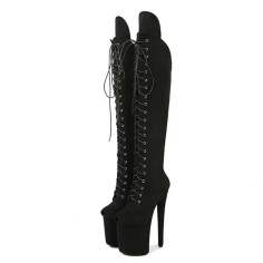 Peep Toe Stiletto Heels Lace Up Platforms Thigh Highs Boots - Black Suede