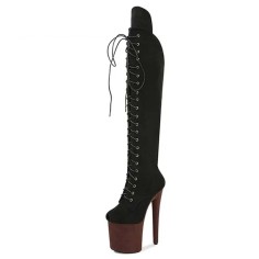 Peep Toe Stiletto Heels Lace Up Platforms Thigh Highs Boots - Black Brown Suede