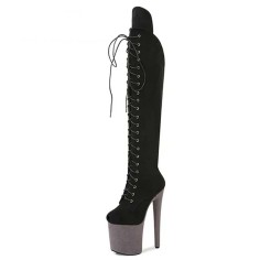 Peep Toe Stiletto Heels Lace Up Platforms Thigh Highs Boots - Black Gray Suede
