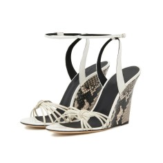 Wedges Heels Peep Toe Ankle Straps Snake Printed Party Sandals - Beige