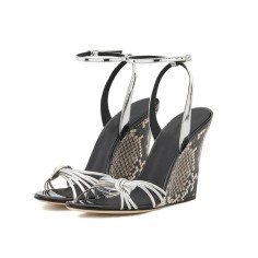 Wedges Heels Peep Toe Ankle Straps Snake Printed Party Sandals - Silver