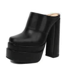 Round Toe Chunky Heels Platforms Matte Sandals - Black