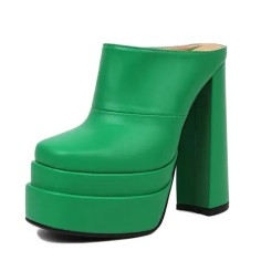 Round Toe Chunky Heels Platforms Matte Sandals - Green