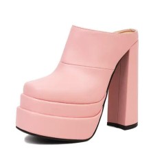 Round Toe Chunky Heels Platforms Matte Sandals - Pink