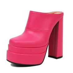 Round Toe Chunky Heels Platforms Matte Sandals - Rose