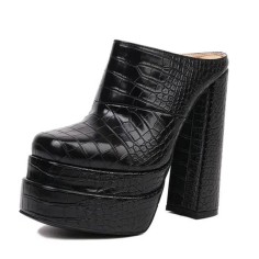 Round Toe Chunky Heels Platforms Crocodile Pattern Matte Sandals - Black