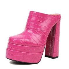 Round Toe Chunky Heels Platforms Crocodile Pattern Matte Sandals - Fuchsia