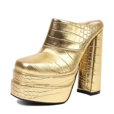 Round Toe Chunky Heels Platforms Crocodile Pattern Matte Sandals - Gold
