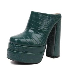 Round Toe Chunky Heels Platforms Crocodile Pattern Matte Sandals - Green