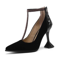 Pointed Toe Cover Heels T Strap Rhinestones Pumps with Back Zipper - Black