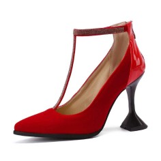 Pointed Toe Cover Heels T Strap Rhinestones Pumps with Back Zipper - Red