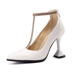 Pointed Toe Cover Heels T Strap Rhinestones Pumps with Back Zipper - White