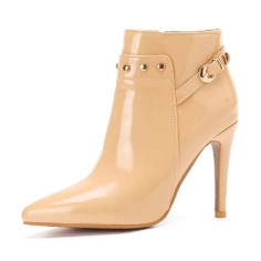 Stiletto Heels Pointed Toe Rivet Decorated Patent Booties with Side Zipper - Apricot