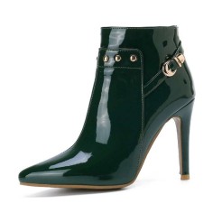 Stiletto Heels Pointed Toe Rivet Decorated Patent Booties with Side Zipper - Green