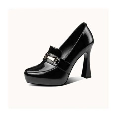 Round Toe Chunky Heels Classic Vintage Pumps - Black
