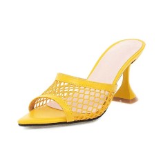 Peep Toe Thin Kitten Heels Mesh Slippers Sandals - Yellow