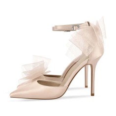 Pointed Toe Ankle Buckle Straps Stiletto Heels Tulle Decorated Prom Wedding Pumps - Beige Satin