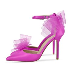 Pointed Toe Ankle Buckle Straps Stiletto Heels Tulle Decorated Prom Wedding Pumps - Rose Satin