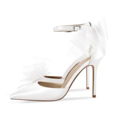 Pointed Toe Ankle Buckle Straps Stiletto Heels Tulle Decorated Prom Wedding Pumps - White Satin