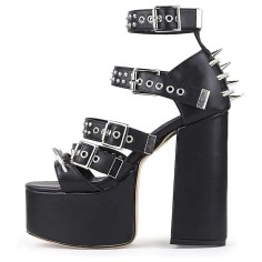 Peep Toe Rivet Decorated Punk Gothic Style Platforms Chunky Heels Ankle Buckle T Straps Sandals - Black Faux Leather