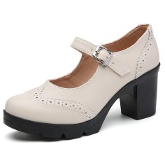 Round Toe Chunky Heels Mary Janes Oxford Style Loafers Pumps - Beige