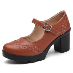 Round Toe Chunky Heels Mary Janes Oxford Style Loafers Pumps - Brown