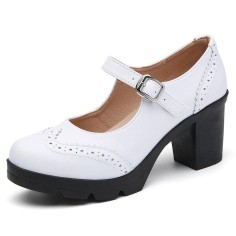 Round Toe Chunky Heels Mary Janes Oxford Style Loafers Pumps - White