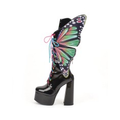 Chunky Heels Round Toe Lace Up Butterfly Wings Platforms Boots with Zipper - Black