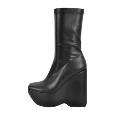 Round Toe Platforms Side Zipper Soft Ankle Highs Wedges Boots - Black Leather