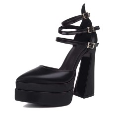 Pointed Toe Chunky Heels Trible Straps Double Platforms Pumps - Black Faux Leather
