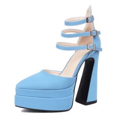 Pointed Toe Chunky Heels Trible Straps Double Platforms Pumps - Blue Faux Leather