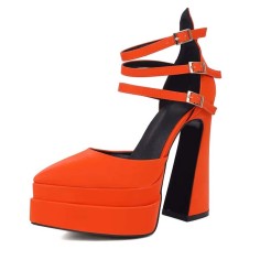 Pointed Toe Chunky Heels Trible Straps Double Platforms Pumps - Orange Faux Leather