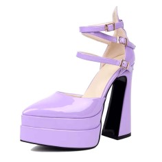 Pointed Toe Chunky Heels Trible Straps Double Platforms Pumps - Purple Patent