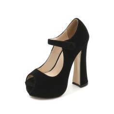 Peep Toe Chunky Heels Platforms Mary Janes Flock Pumps - Black