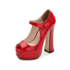 Peep Toe Chunky Heels Platforms Mary Janes Pumps - Red