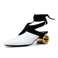 Soft Pointed Toe Classics Crosstied Genuine Leather Strange Heels Retro Sandals - White Leather