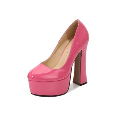 Round Toe Chunky Heels Platforms Patent Pumps - Pink
