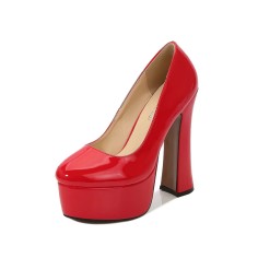 Round Toe Chunky Heels Platforms Patent Pumps - Red