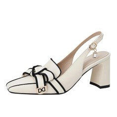 Square Toe Chunky Heels Slingback French Retro Sandals - Beige