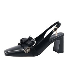 Square Toe Chunky Heels Slingback French Retro Sandals - Black