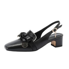 Square Toe Chunky Heels Slingback French Retro Sandals - Black