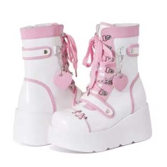 Round Toe Lace Up Platforms Ankle Highs Wedges Punk Boots - Pink Faux Leather