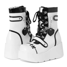 Round Toe Lace Up Platforms Ankle Highs Wedges Punk Boots - White Faux Leather